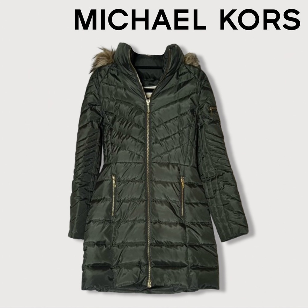 Michael Kors Green Faux Fur Hood Down Coat